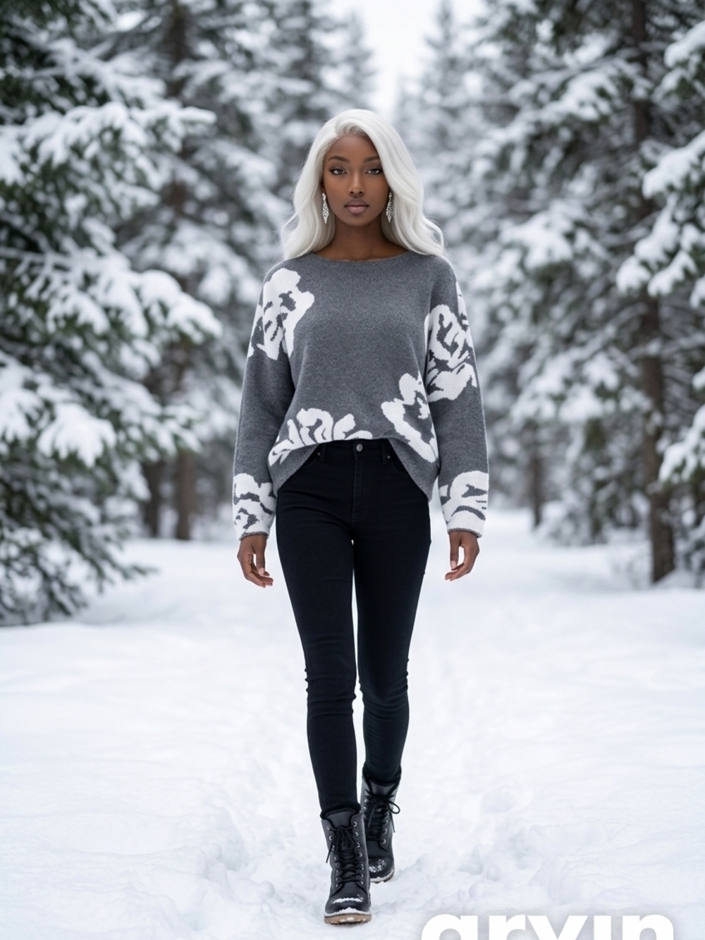 Cozy Floral Crewneck Sweater - Gray & White